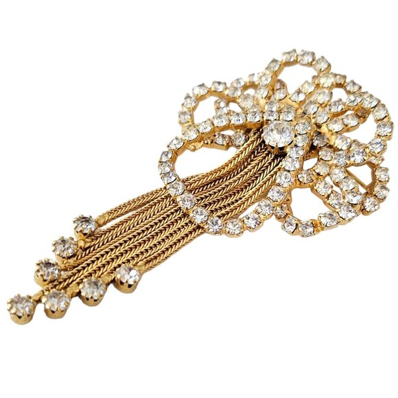 Gold Tone Vintage Prong Set Rhinestone Bow Waterfall Chain Tassel Brooch L79 - Picture 6 of 11
